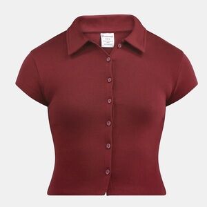 Burgundy Cute Polo Shirt Button Up Crop Top size M